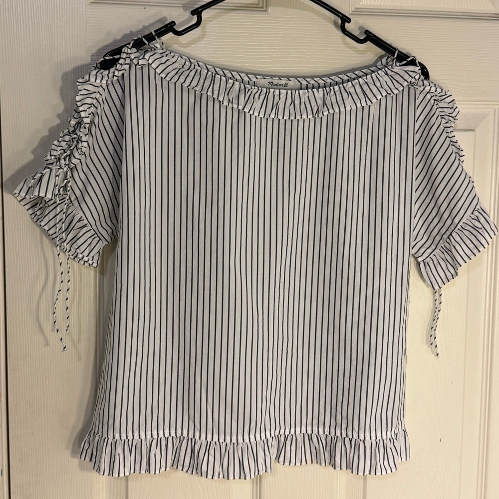 MADEWELL|‎ Top White Blue Striped Ruffle Trim Tie Shoulder Short Sleeve| size S